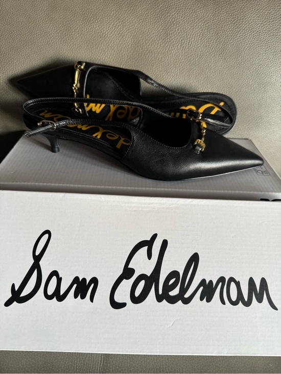 Sam Edelman Shoes - Sam Edelman Black Leather Pointed-Toe Slingback Heels with Gold Accent